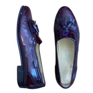 VINTAGE Salvatore Ferragamo Shoes Mens 8.5 Burgundy Leather Kilt Tassel Loafer