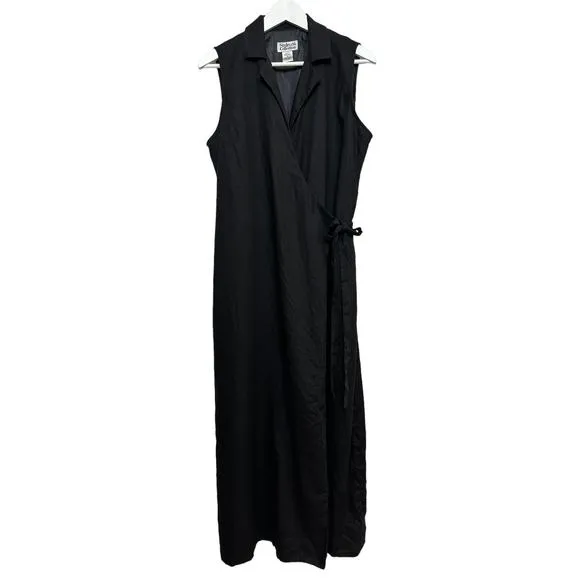 Vintage Style &amp; Co Black Linen Wrap Dress Maxi Collared Shirt Dress 12