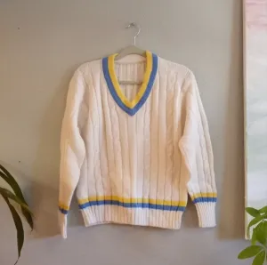Vintage Tennis Preppy V-Neck Cable Knit Sweater w Yellow and Ice Blue Trim