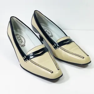 Vintage Tod's Black &amp; Beige Leather Kitten Heels Penny Loafers Shoes