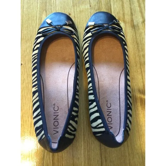Vionic Womens Minna TGR Tiger Print Ballet Flats Size 8.5 Leather &amp; Fabric Black