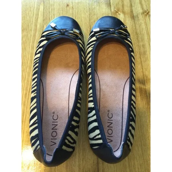 Vionic Womens Minna TGR Tiger Print Ballet Flats Size 8.5 Leather &amp; Fabric Black