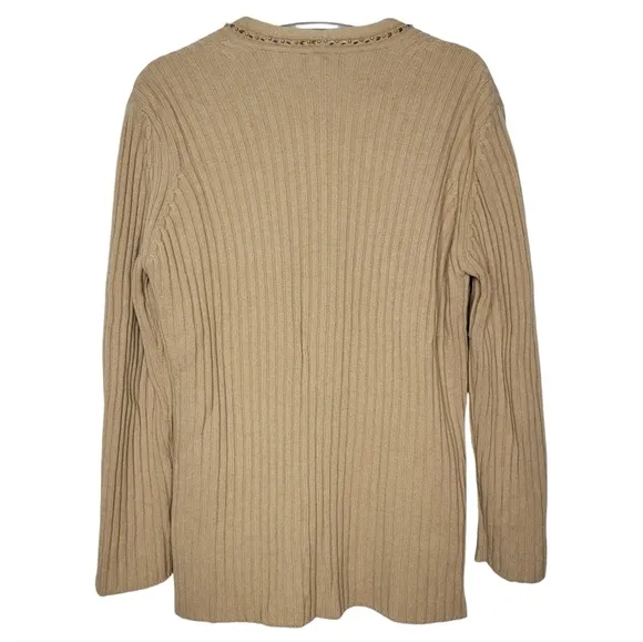 VTG ESCADA Rib Knit Cardigan Wool Cashmere Embellished Tan Women XL Grandmacore
