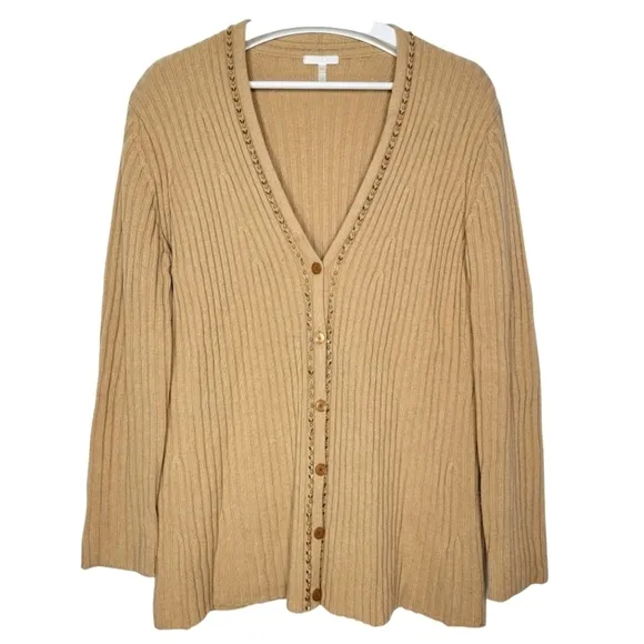 VTG ESCADA Rib Knit Cardigan Wool Cashmere Embellished Tan Women XL Grandmacore