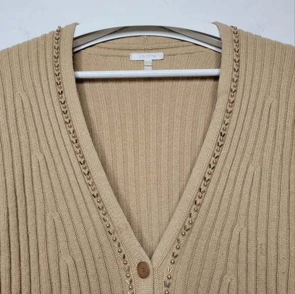 VTG ESCADA Rib Knit Cardigan Wool Cashmere Embellished Tan Women XL Grandmacore