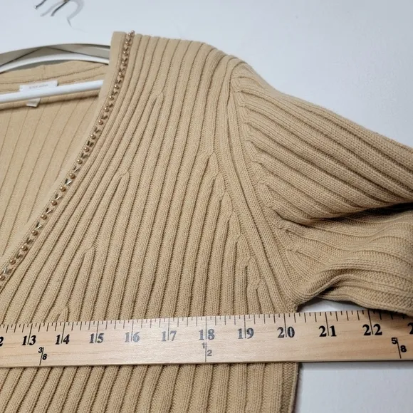 VTG ESCADA Rib Knit Cardigan Wool Cashmere Embellished Tan Women XL Grandmacore