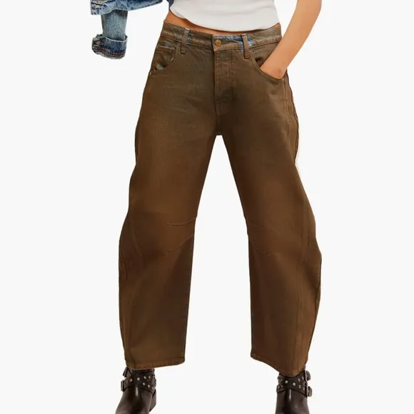 We The Free 25 Jeans Good Luck Coated High Waist Ankle Barrel in New Moon brown