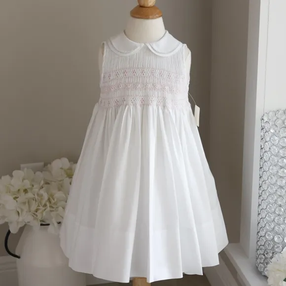 White Smocked Dress SPECIAL FIND Pink Embroidery Feltman Brothers Sleeveless 2T