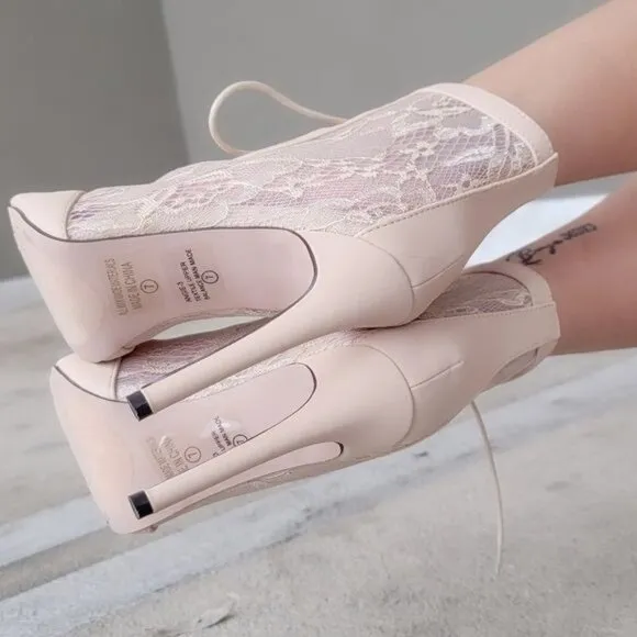 Women Ankle Open Toe High Heel Booties Lace Up Nude Color