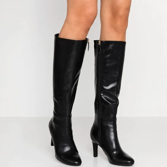 Women Stiletto High Heel Boots Round Toe Knee High Side Zipper Leather 3” Heel