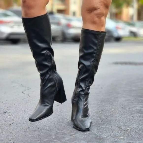 Women Mid Calf Square Toe Heel Boot Black Color