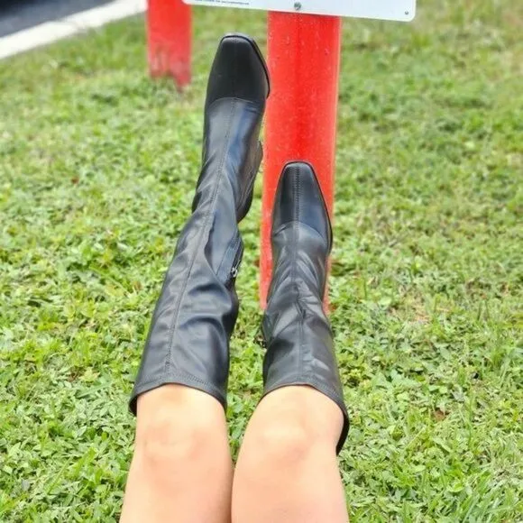 Women Mid Calf Square Toe Heel Boot Black Color