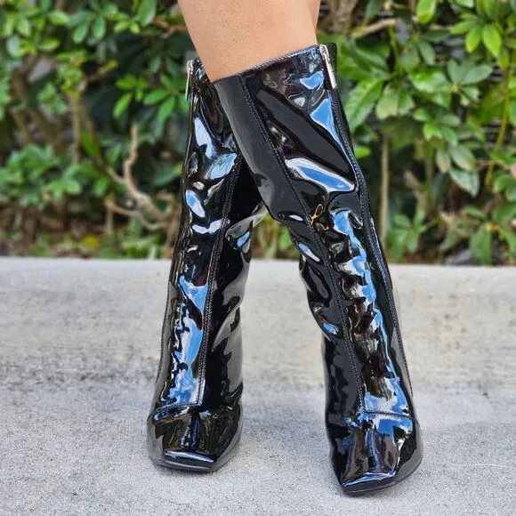 Women Mid Calf Square Toe Heel Boot Black Color