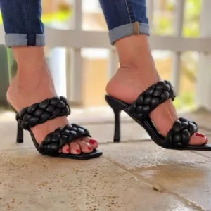 Women's Black Double Braided Square Toe Mule Sandal