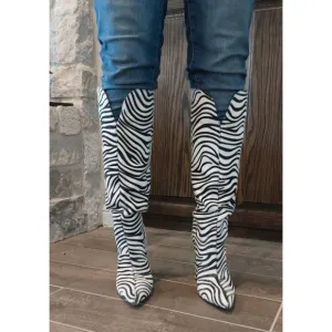Womens Block Heels Artificial Zebra Hair Pointed Toe Knee High Boots Party‎ Sz 7