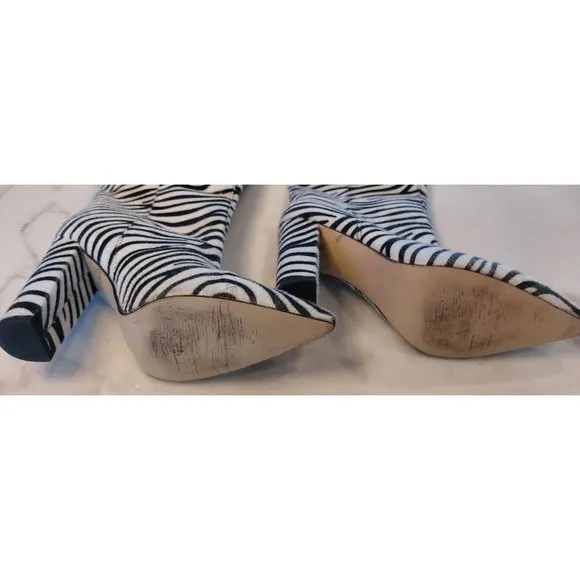 Womens Block Heels Artificial Zebra Hair Pointed Toe Knee High Boots Party‎ Sz 7
