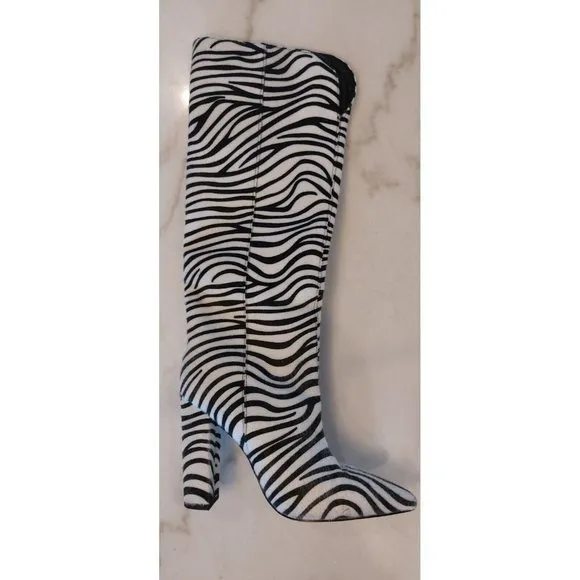 Womens Block Heels Artificial Zebra Hair Pointed Toe Knee High Boots Party‎ Sz 7
