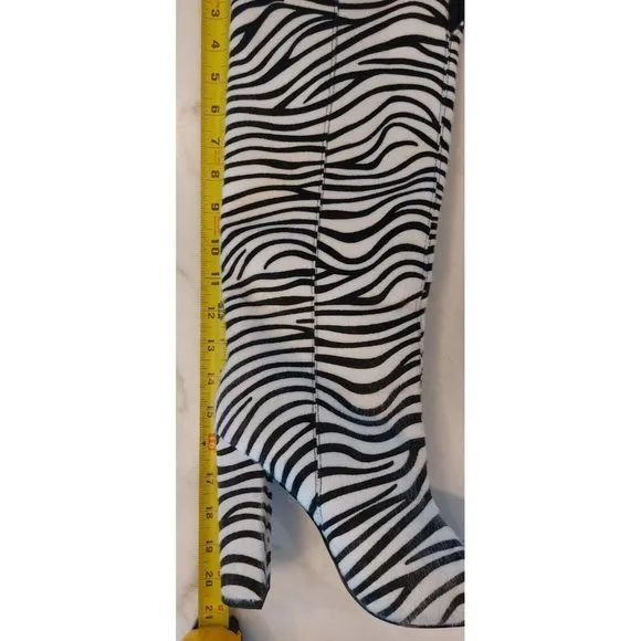 Womens Block Heels Artificial Zebra Hair Pointed Toe Knee High Boots Party‎ Sz 7