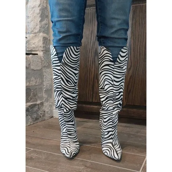 Womens Block Heels Artificial Zebra Hair Pointed Toe Knee High Boots Party‎ Sz 7