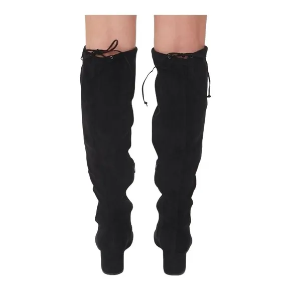 Women’s Boots Faux Suede Knee-High Boots Black Rope Tie High Boots