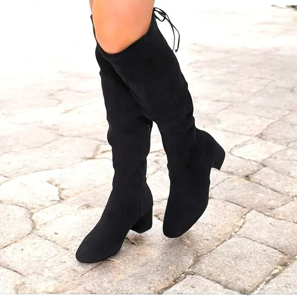 Women’s Boots Faux Suede Knee-High Boots Black Rope Tie High Boots