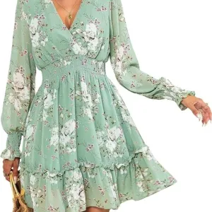Women's Green Floral Chiffon Long Sleeve Mini Dress A-Line Wrap Mini Flowy Dress