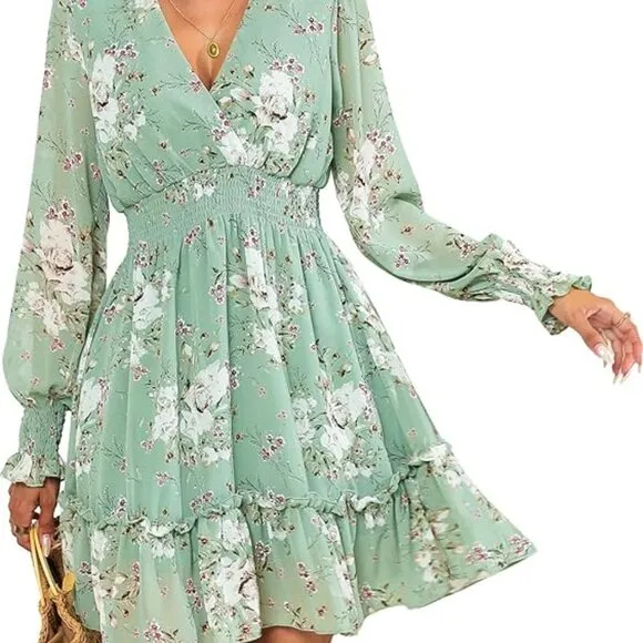 Women's Green Floral Chiffon Long Sleeve Mini Dress A-Line Wrap Mini Flowy Dress