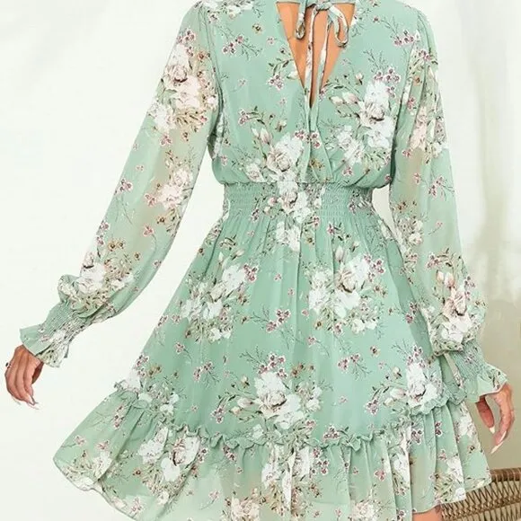 Women's Green Floral Chiffon Long Sleeve Mini Dress A-Line Wrap Mini Flowy Dress