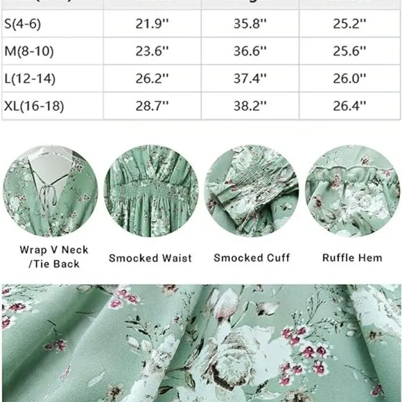 Women's Green Floral Chiffon Long Sleeve Mini Dress A-Line Wrap Mini Flowy Dress