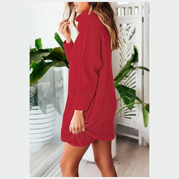 Women's Loose Turtleneck Oversize Long Pullover Sweater Dress Red