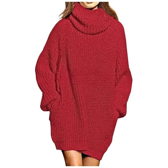Women's Loose Turtleneck Oversize Long Pullover Sweater Dress Red