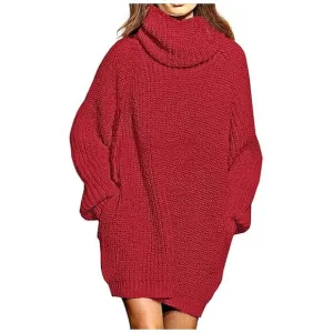 Women's Loose Turtleneck Oversize Long Pullover Sweater Dress Red