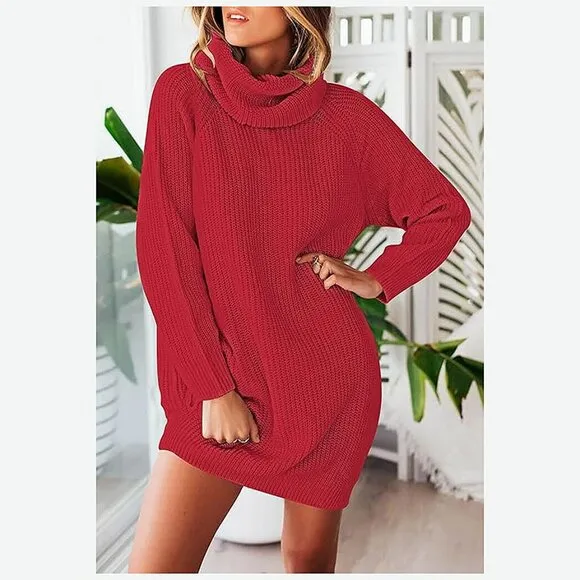 Women's Loose Turtleneck Oversize Long Pullover Sweater Dress Red
