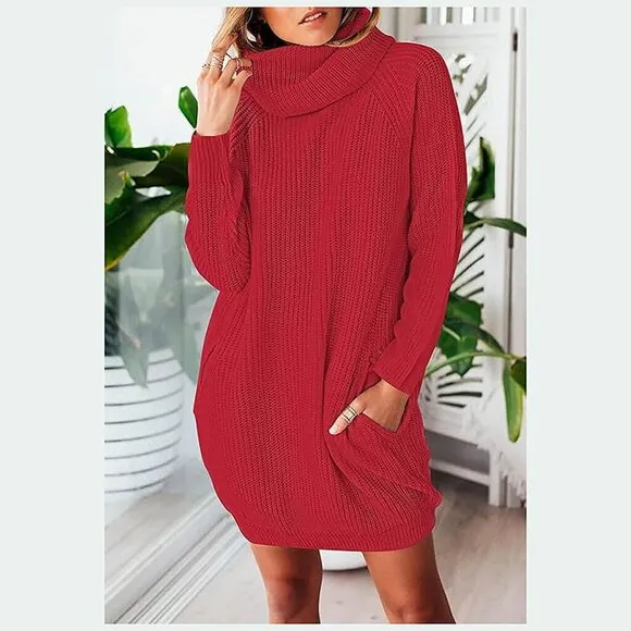 Women's Loose Turtleneck Oversize Long Pullover Sweater Dress Red
