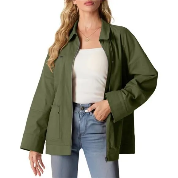 Women's Oversized Casual Jackets Zip Up Long Sleeve Military Utility