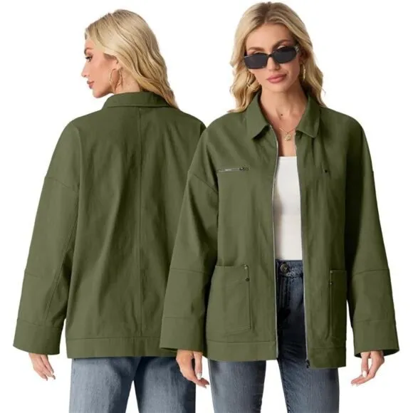 Women's Oversized Casual Jackets Zip Up Long Sleeve Military Utility
