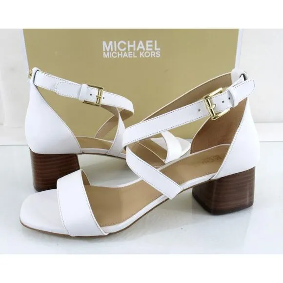 Women's Shoes Michael Kors Diane Mid Block Heel Sandals Optic White Size 7.5