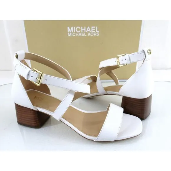 Women's Shoes Michael Kors Diane Mid Block Heel Sandals Optic White Size 7.5