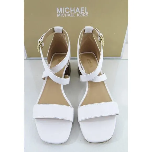 Women's Shoes Michael Kors Diane Mid Block Heel Sandals Optic White Size 7.5