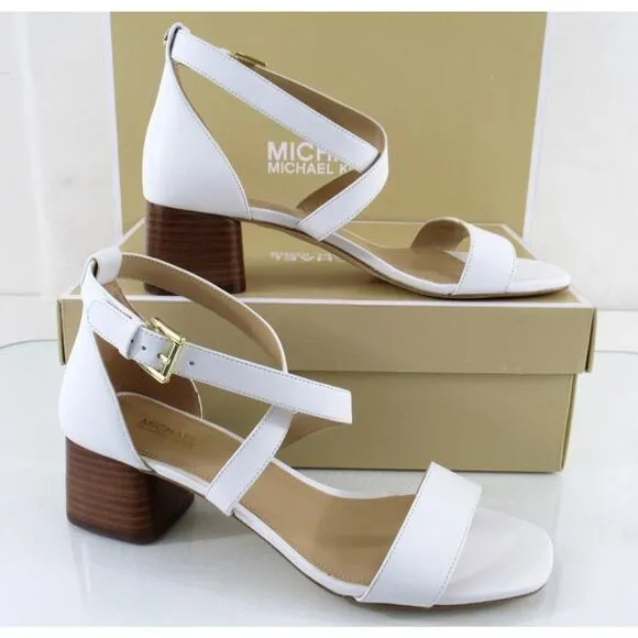 Women's Shoes Michael Kors Diane Mid Block Heel Sandals Optic White Size 7.5