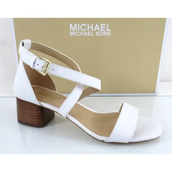 Women's Shoes Michael Kors Diane Mid Block Heel Sandals Optic White Size 7.5