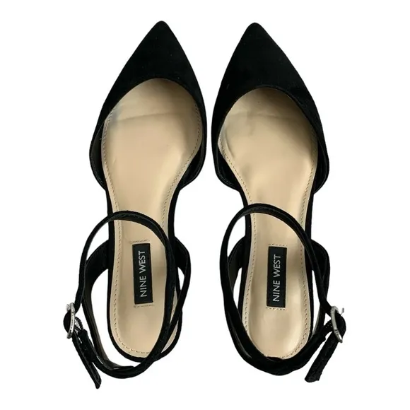 Women's Shoes NINE WEST Briy Flats Black Suede Leather Ankle Strap Flat Sandals