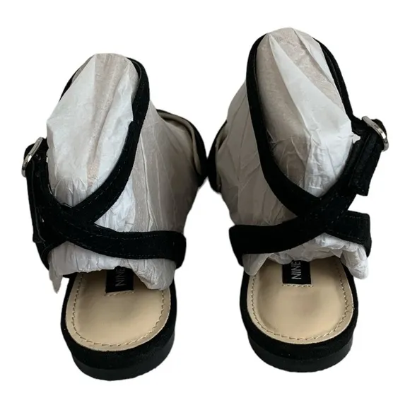 Women's Shoes NINE WEST Briy Flats Black Suede Leather Ankle Strap Flat Sandals