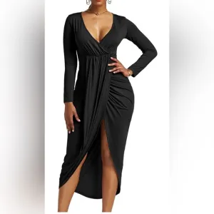 Women's V Neck Ruched Wrap Slit Hem Long Sleeve Bodycon Midi Dress