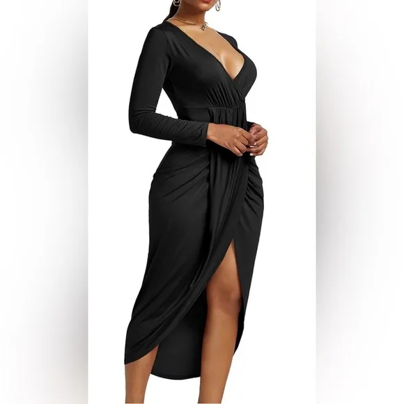 Women's V Neck Ruched Wrap Slit Hem Long Sleeve Bodycon Midi Dress