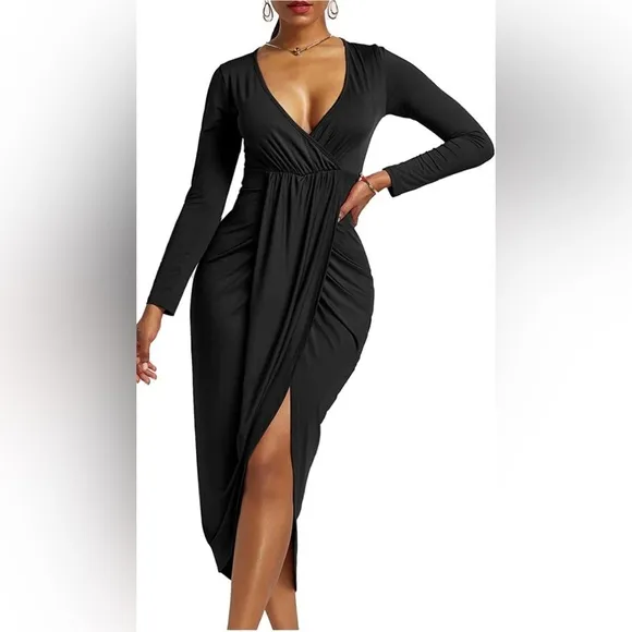 Women's V Neck Ruched Wrap Slit Hem Long Sleeve Bodycon Midi Dress