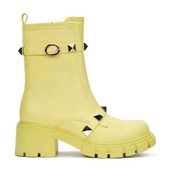 Women's Yellow Pyramid Stud Ankle Combat Boot
