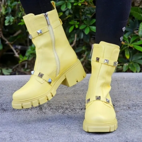 Women's Yellow Pyramid Stud Ankle Combat Boot