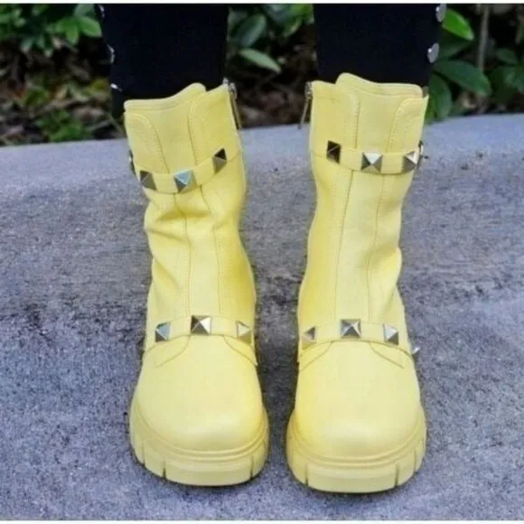 Women's Yellow Pyramid Stud Ankle Combat Boot