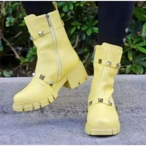 Women's Yellow Pyramid Stud Ankle Combat Boot